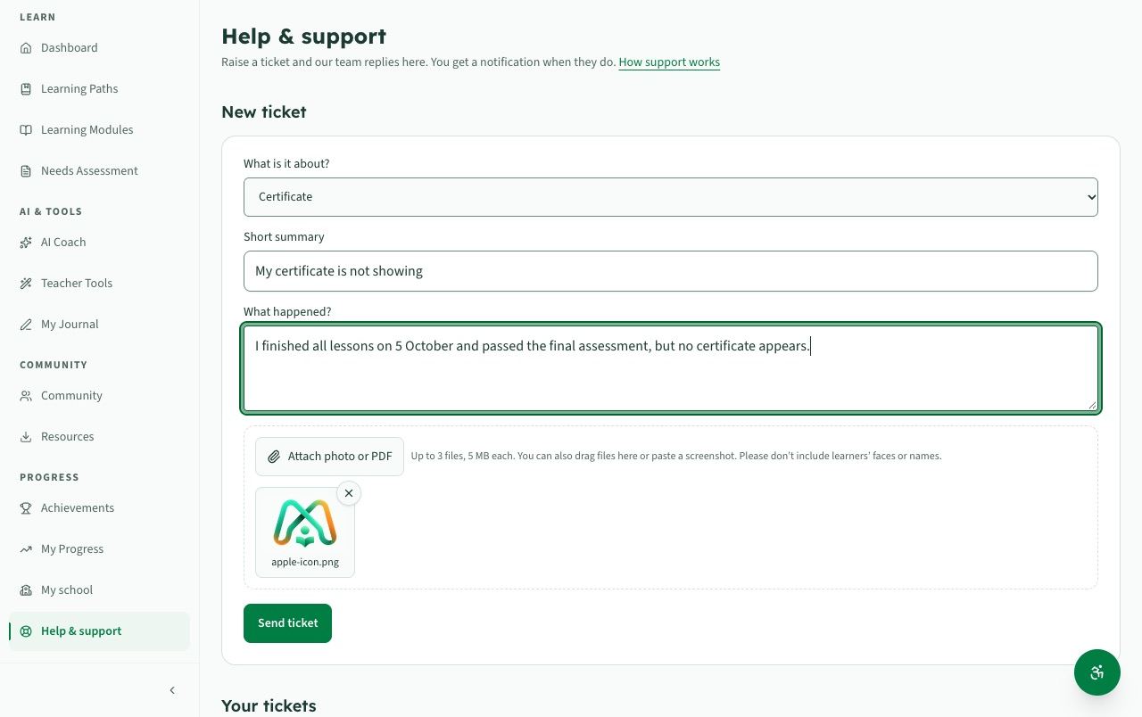 The New ticket form with category, summary, details and the attach button
